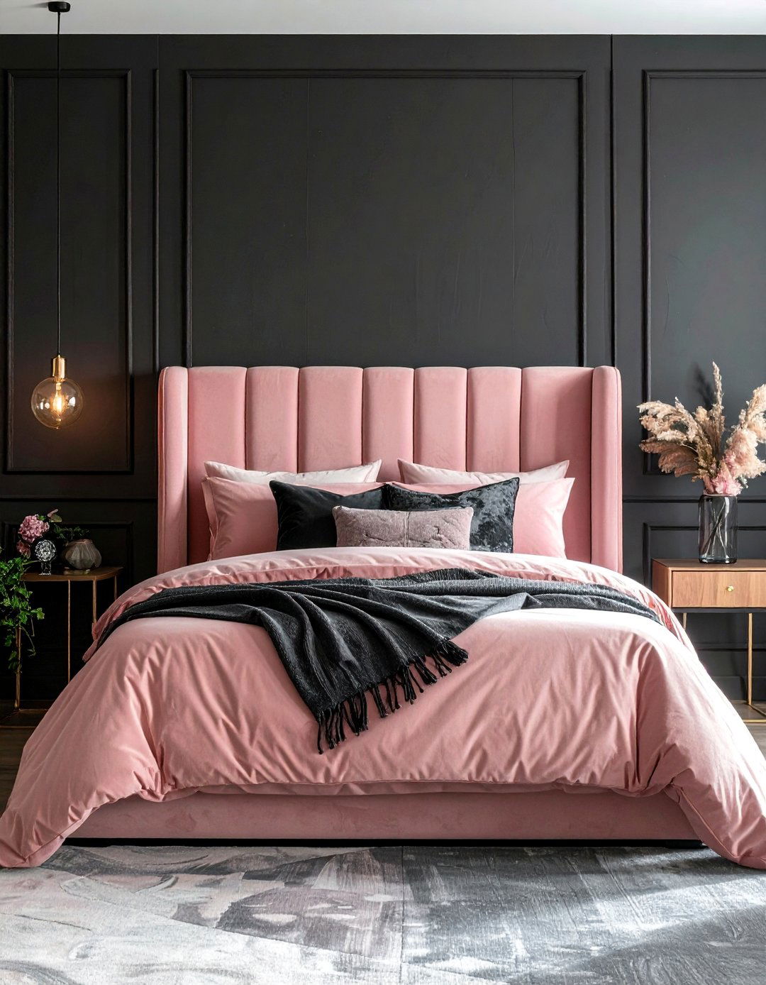 Charcoal Bedroom with Soft Blush Pink Details - 15 Charcoal Bedroom Ideas for a Sophisticated Retreat