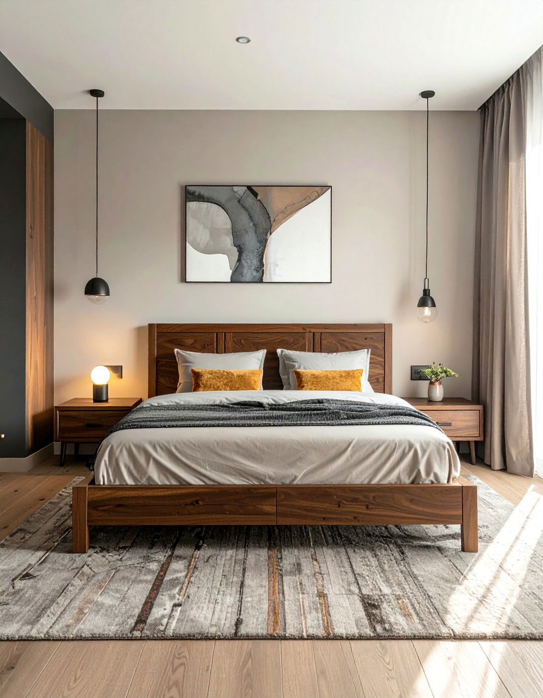 Charcoal Bedroom with Warm Wood Furnishings - 15 Charcoal Bedroom Ideas for a Sophisticated Retreat