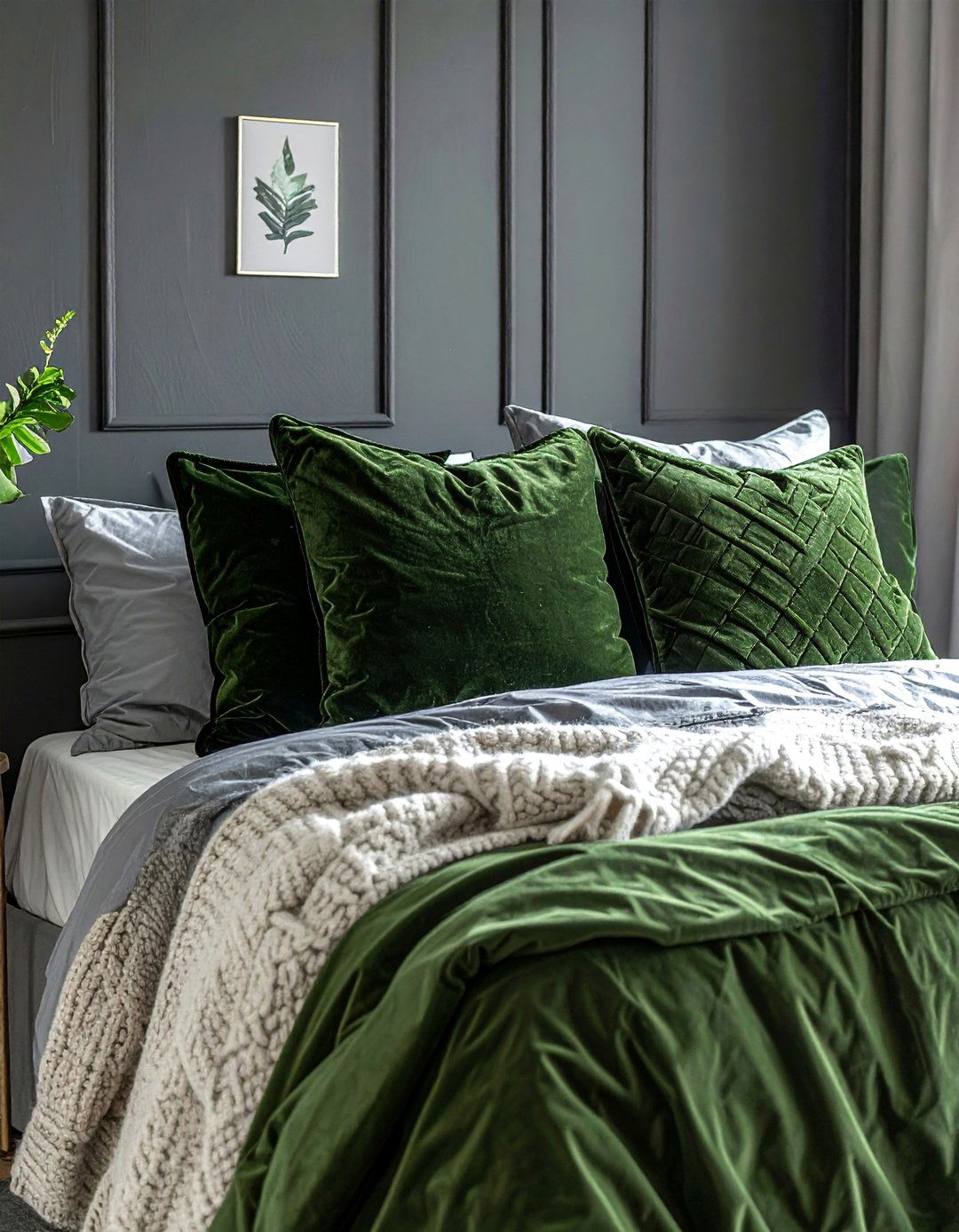 Charcoal Grey Accent Wall with Olive Green Decor - 20 Green and Grey Bedroom Ideas for a Serene Retreat