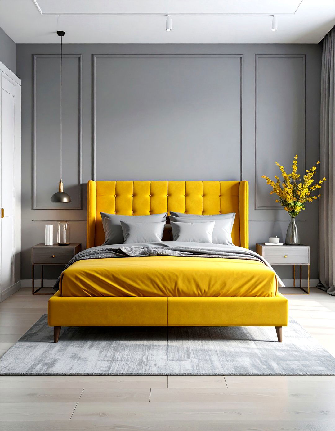 Charcoal Grey Walls with a Mustard Yellow Upholstered Bed - 25 Yellow and Grey Bedroom Ideas for Modern Interiors