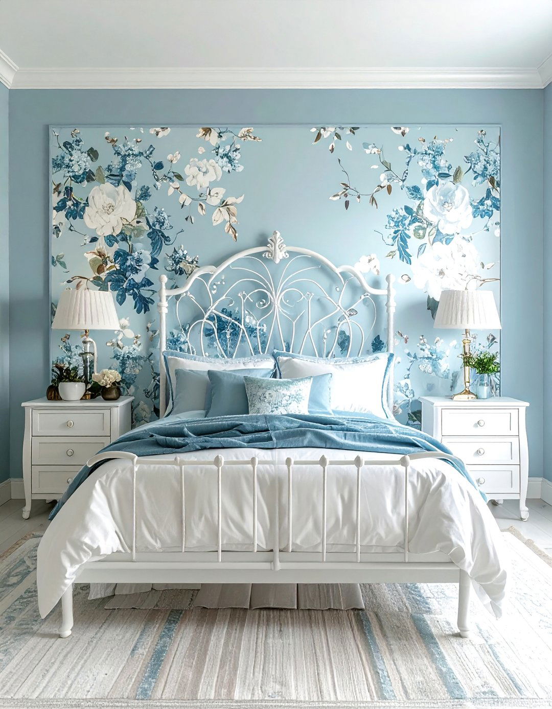 Charming Light Blue Bedroom with Floral Wallpaper - 25 Light Blue Bedroom Ideas for a Calming Retreat