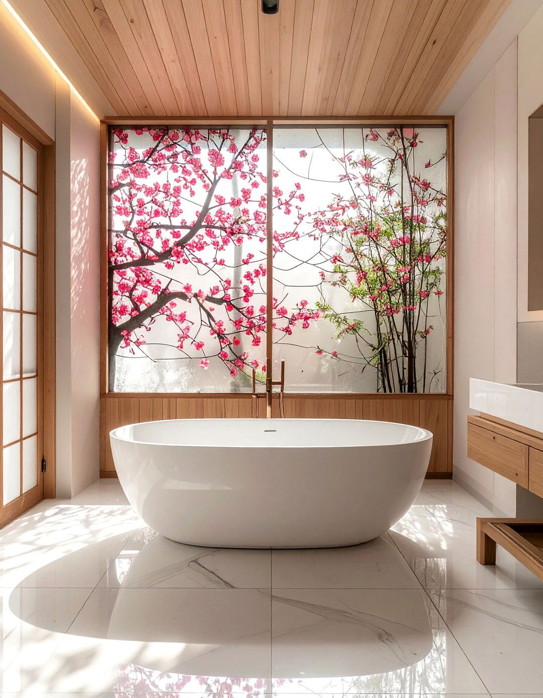 Cherry Blossom Stained Glass for a Japanese Inspired Bathroom - 20 Stained Glass Bathtub Ideas for a Luxurious Bathroom