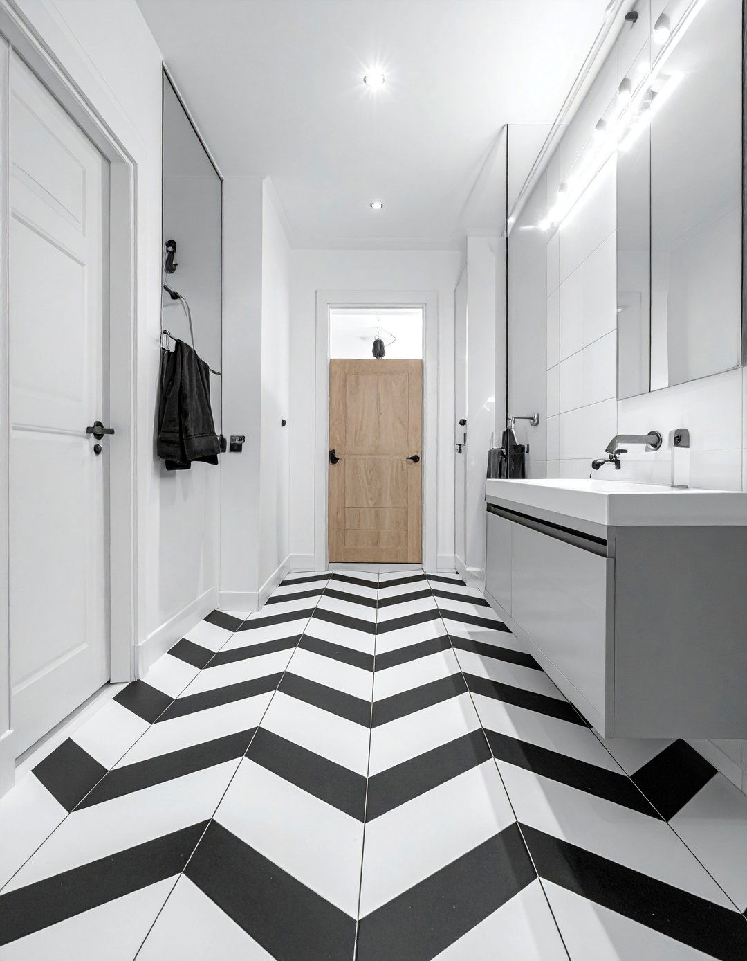 Chevron Pattern Black and White Bathroom Tile - 20 Black and White Bathroom Tile Ideas for a Sleek Look