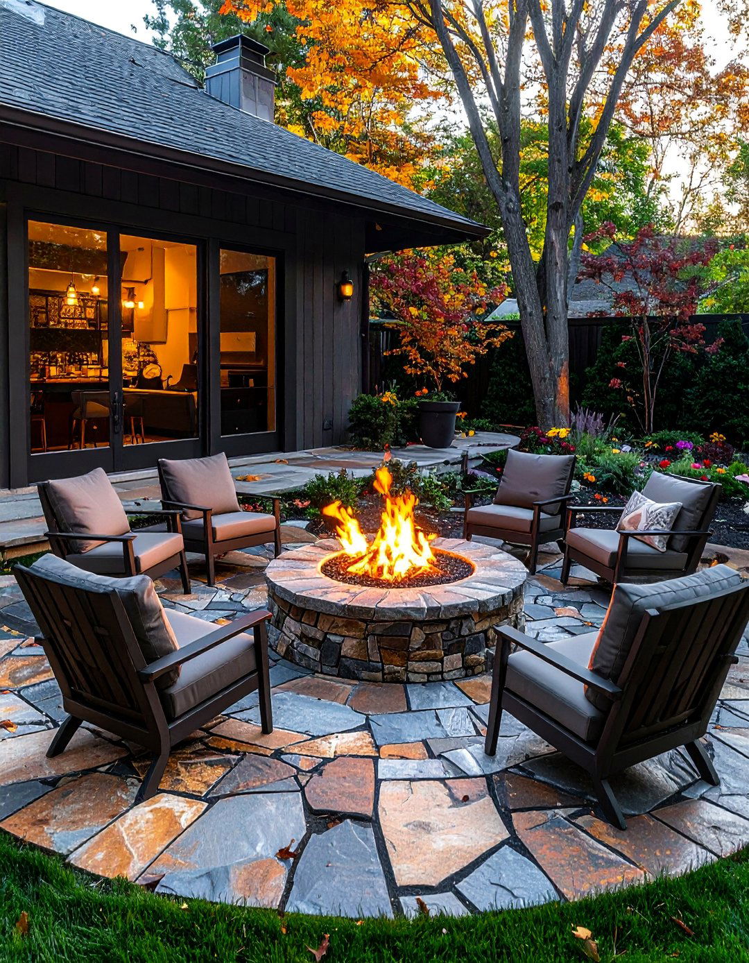 Circular Flagstone Patio with Central Fire Pit - 25 Stone Patio with Fire Pit Ideas for Outdoor Fun
