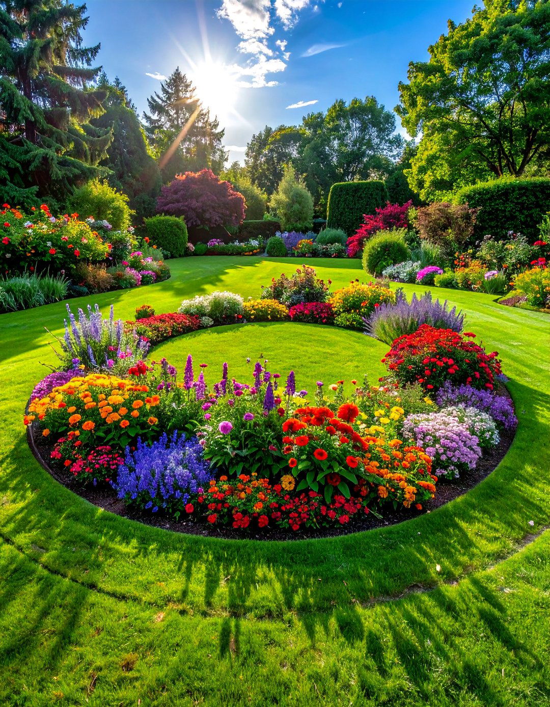 Circular Lawn Encircled by Flower Beds - 20 Circular Lawn Garden Designs for Unique Spaces