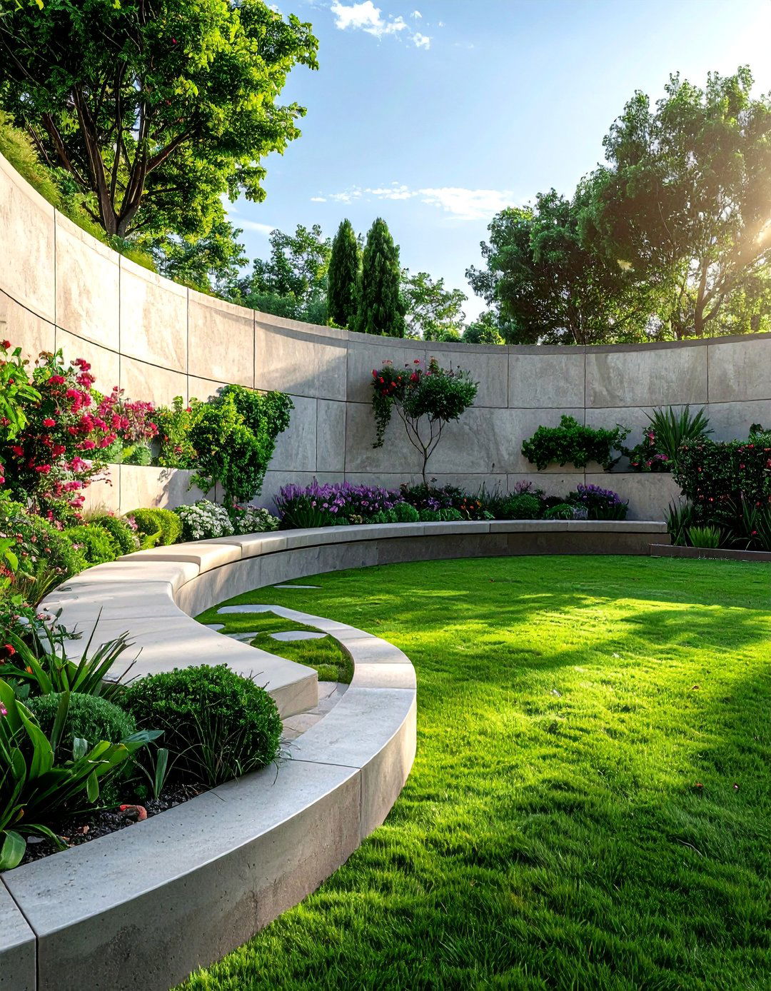Circular Lawn with a Built in Seating Wall - 20 Circular Lawn Garden Designs for Unique Spaces
