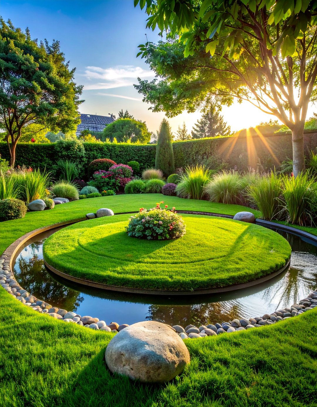 Circular Lawn with a Surrounding Water Feature - 20 Circular Lawn Garden Designs for Unique Spaces