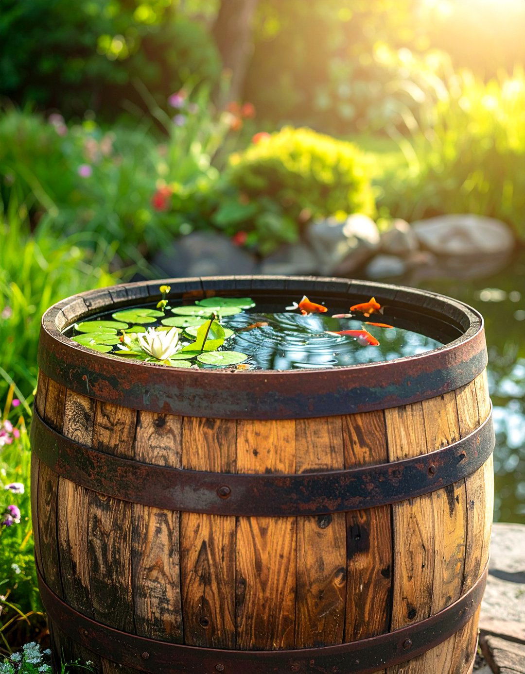 Classic Whiskey Barrel Water Garden - 15 Container Fish Pond Ideas for a Beautiful Outdoor Space