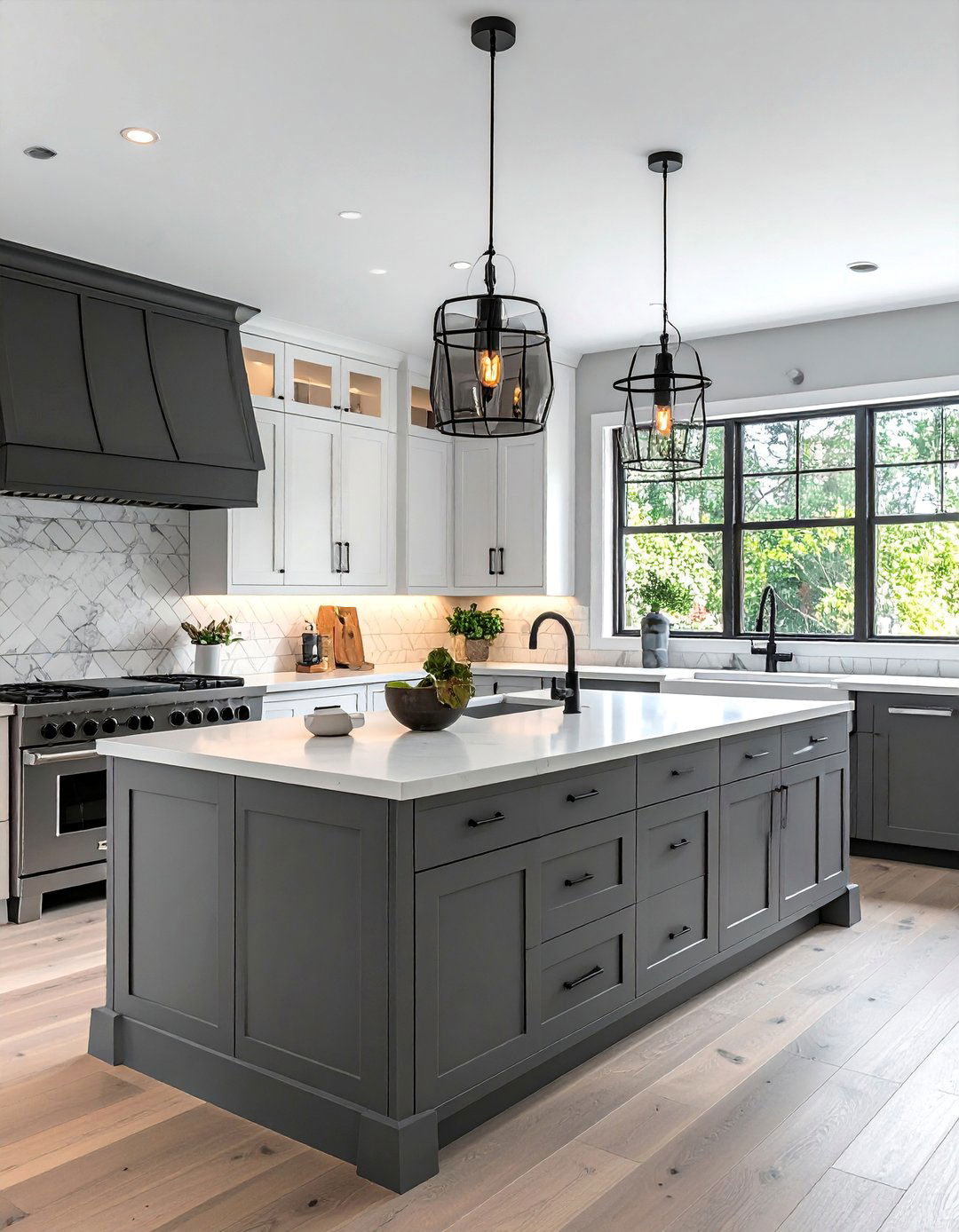 Classic White Cabinets With a Grey Island and Black Hardware - 15 White Kitchen Cabinets With Grey Island Ideas
