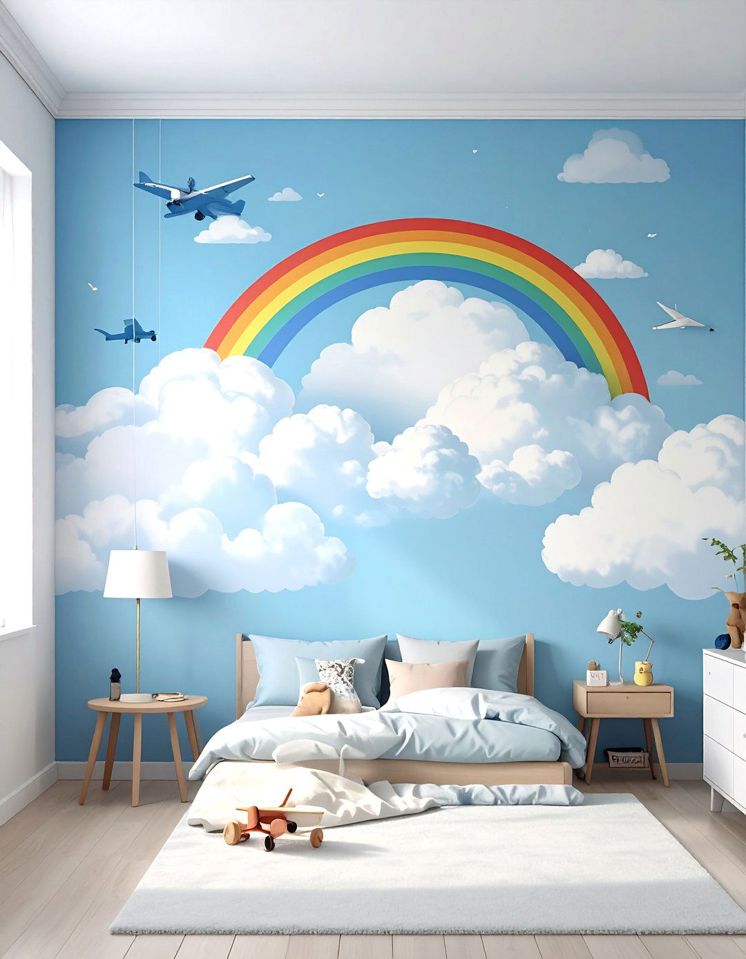 Cloud Wall Mural Backdrop - 20 Airplane Bedroom Decor Ideas for Kids' Rooms