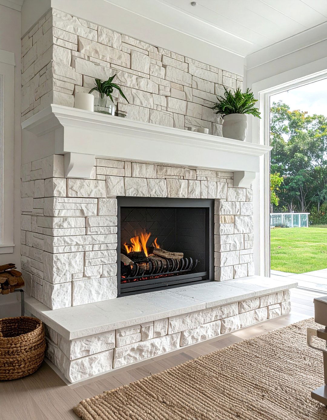 Coastal Inspired Stacked Stone Fireplace with Light Tones - 25 Stunning Stacked Stone Fireplace Design Ideas