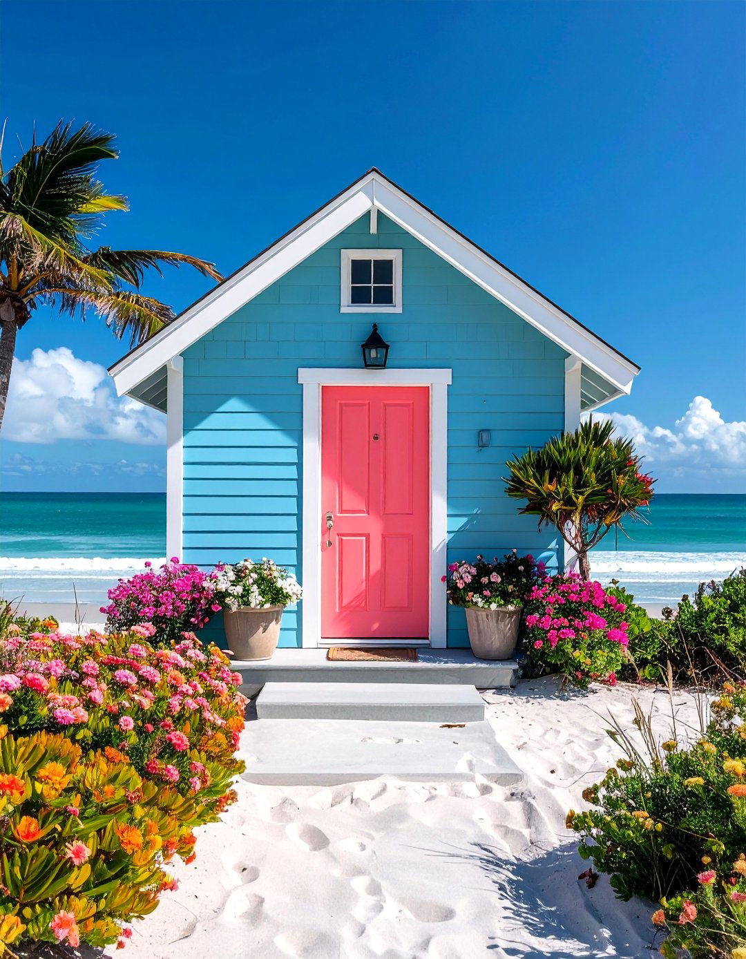 Coastal Light Blue with a Coral Front Door - 25 Light Blue House Exterior Ideas for Curb Appeal