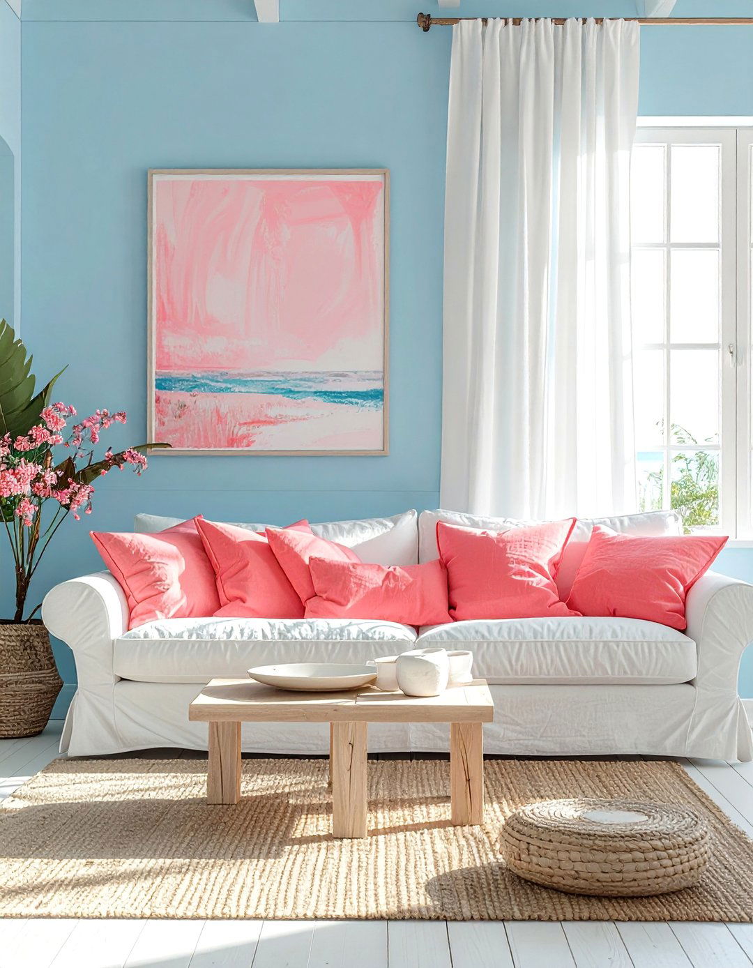 Coastal Living Room with Light Blue and Coral Pink - 15 Pink and Blue Living Room Ideas for a Cozy Vibe