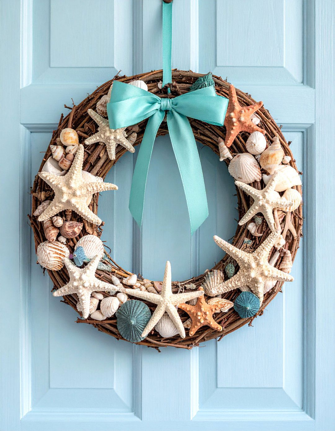 Coastal Starfish and Seashell Wreath - 20 Summer Door Decoration Ideas to Welcome Guests