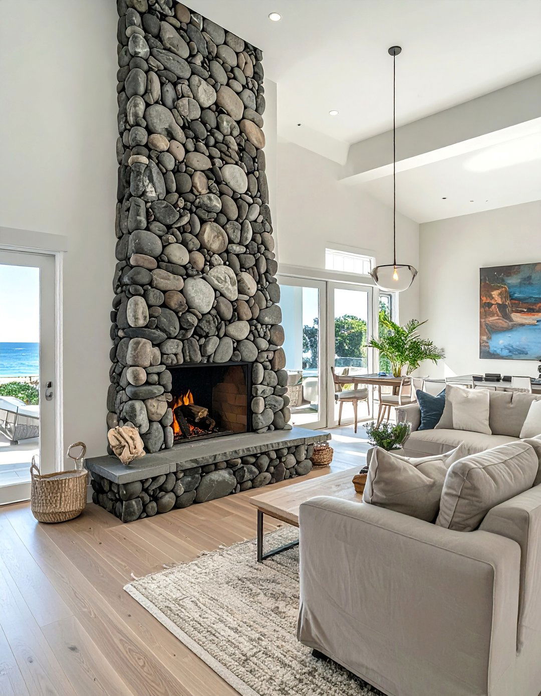 Coastal Style Weathered Gray Floor to Ceiling Stone Fireplace - 20 Floor-to-Ceiling Stone Fireplace Ideas for a Stunning Focal Point