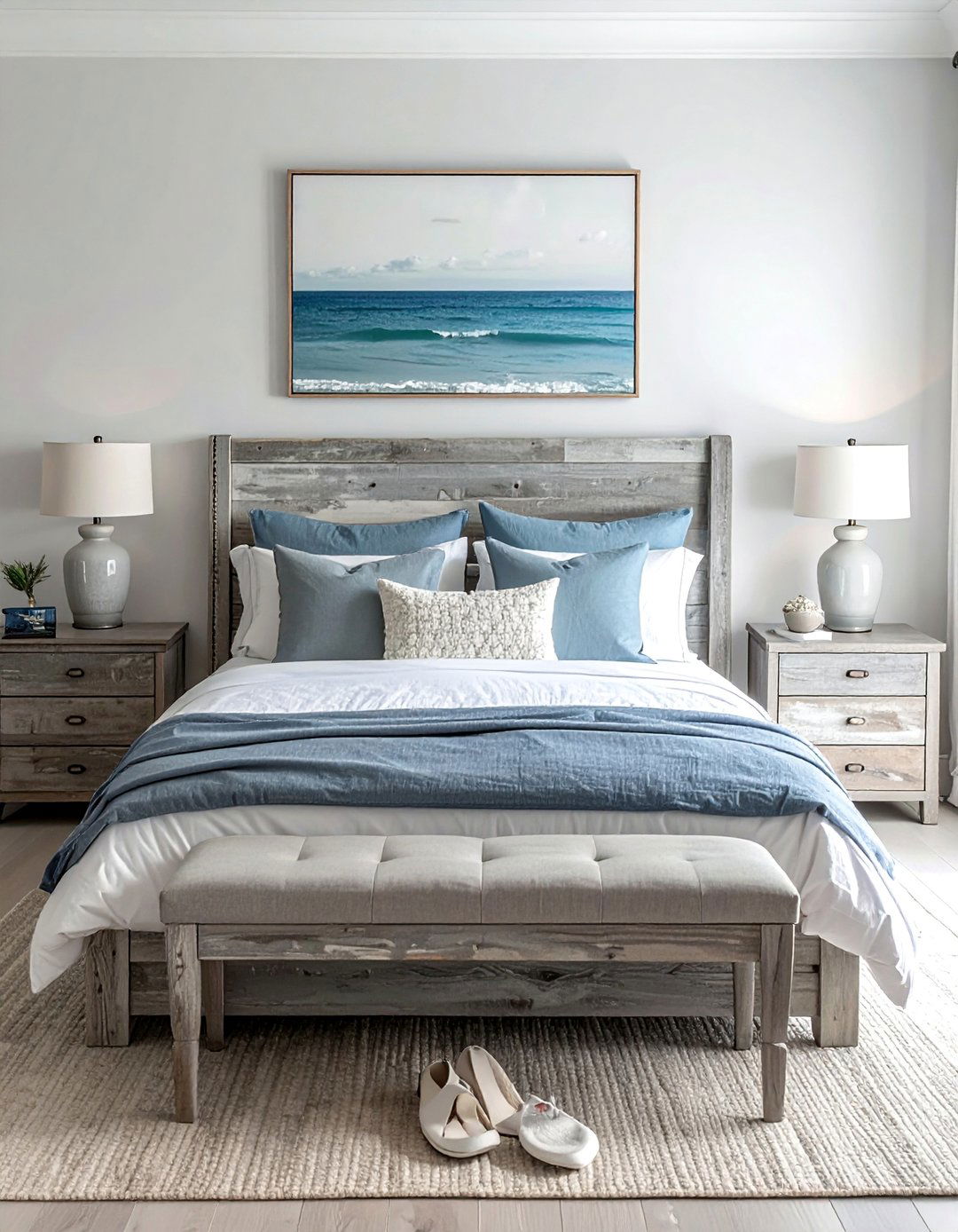 Coastal Style with a Weathered Grey Wood Headboard - 25 Grey Headboard Bedroom Ideas for a Calm Retreat