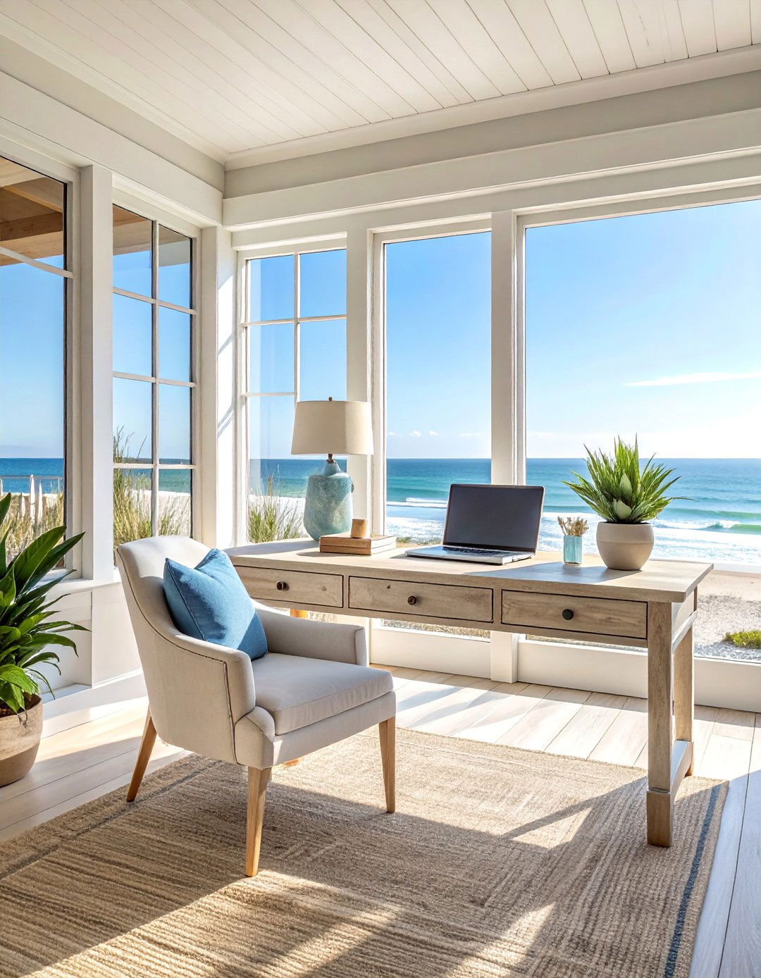 Coastal Sunroom Office with Light Wood Tones - 20 Sunroom Office Ideas for a Productive and Inspiring Workspace