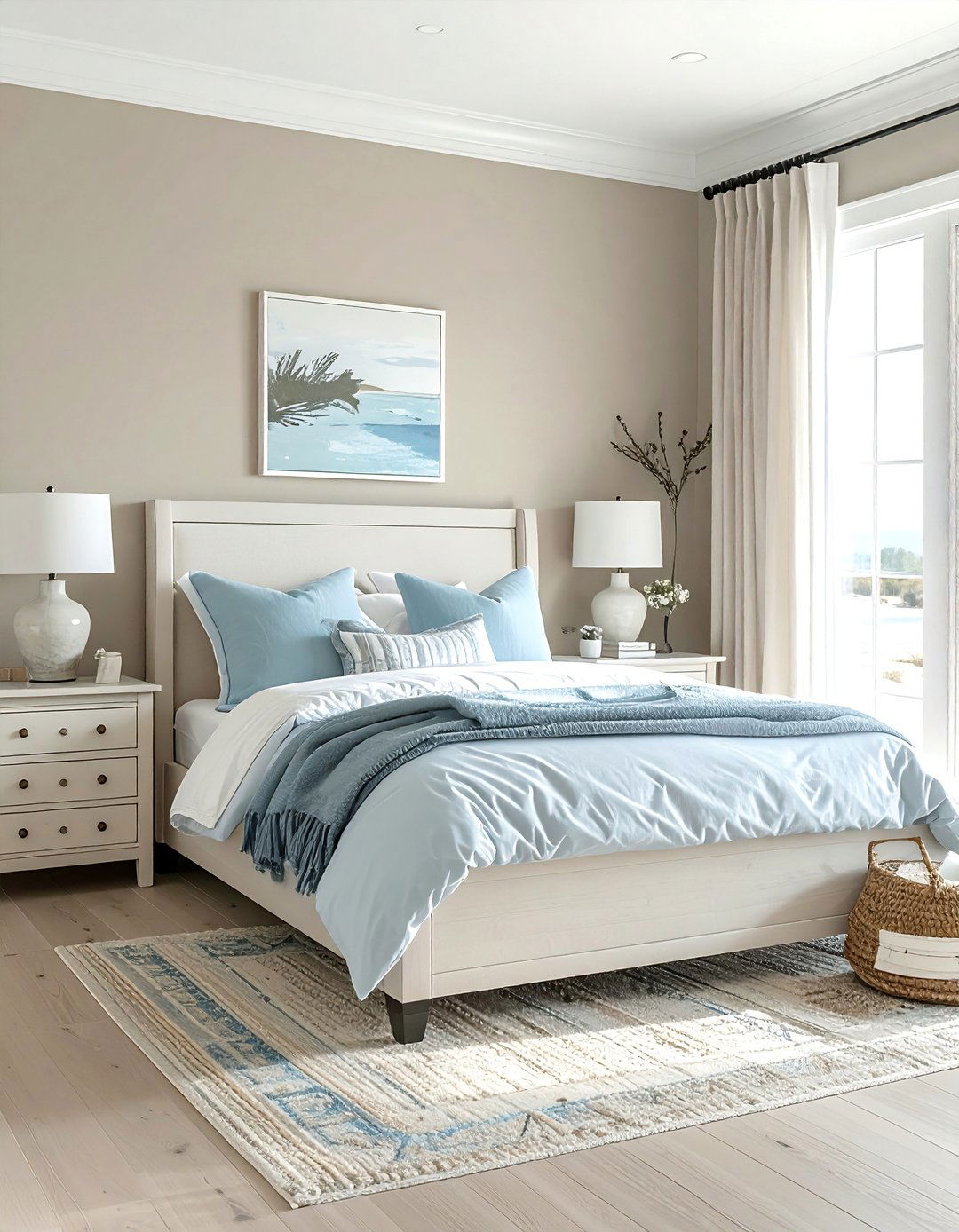Coastal Taupe Bedroom with Light Blue Accents - 20 Taupe Bedroom Ideas for a Calming and Cozy Retreat