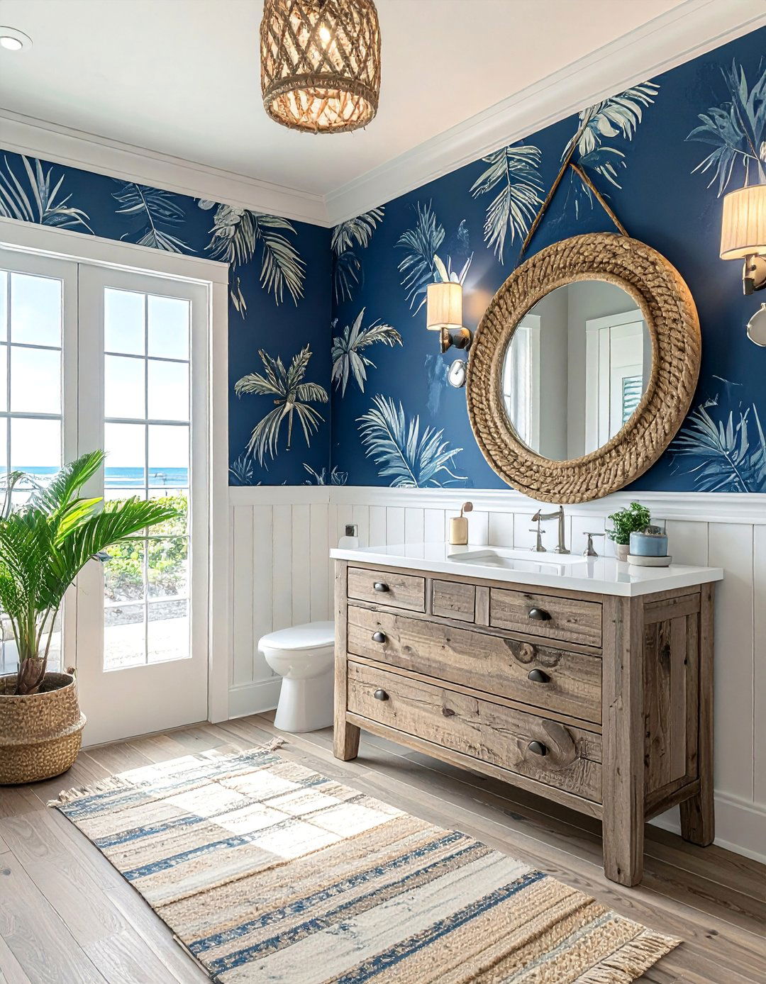 Coastal Wallpaper with Natural Textures - 15 Navy Blue Powder Room Ideas for a Chic Space