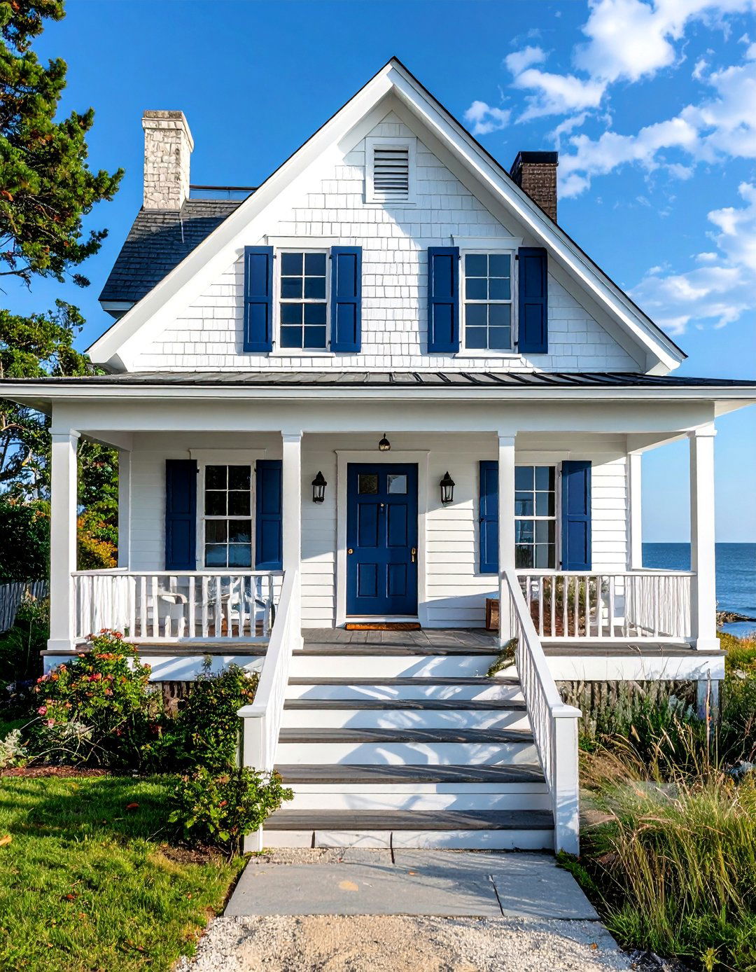 Coastal White Siding House with Blue Accents - 20 White Siding House Designs for a Clean and Timeless Exterior