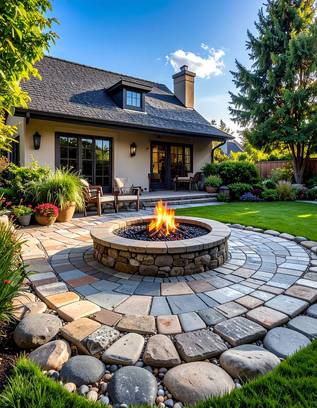 Cobblestone Border with Flagstone Fire Patio - 25 Stone Patio with Fire Pit Ideas for Outdoor Fun