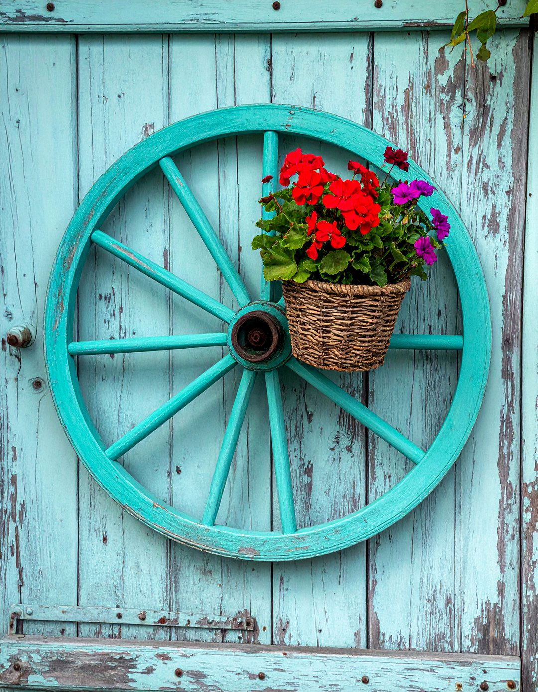 Colorful Bicycle Wheel with a Flower Basket - 20 Summer Door Decoration Ideas to Welcome Guests