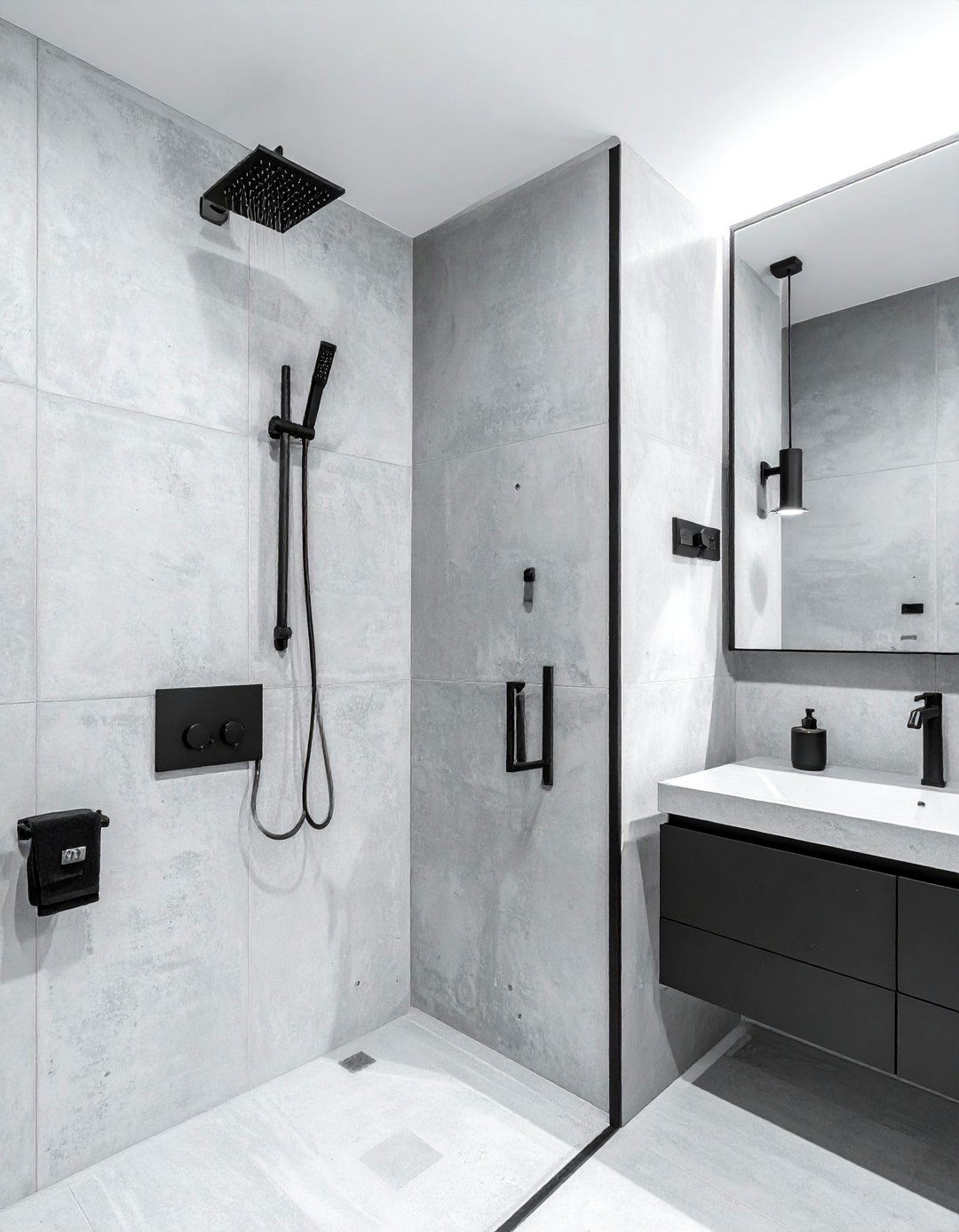 Concrete Bathroom With Black Matte Fixtures - 30 Concrete Bathroom Ideas for a Modern Look