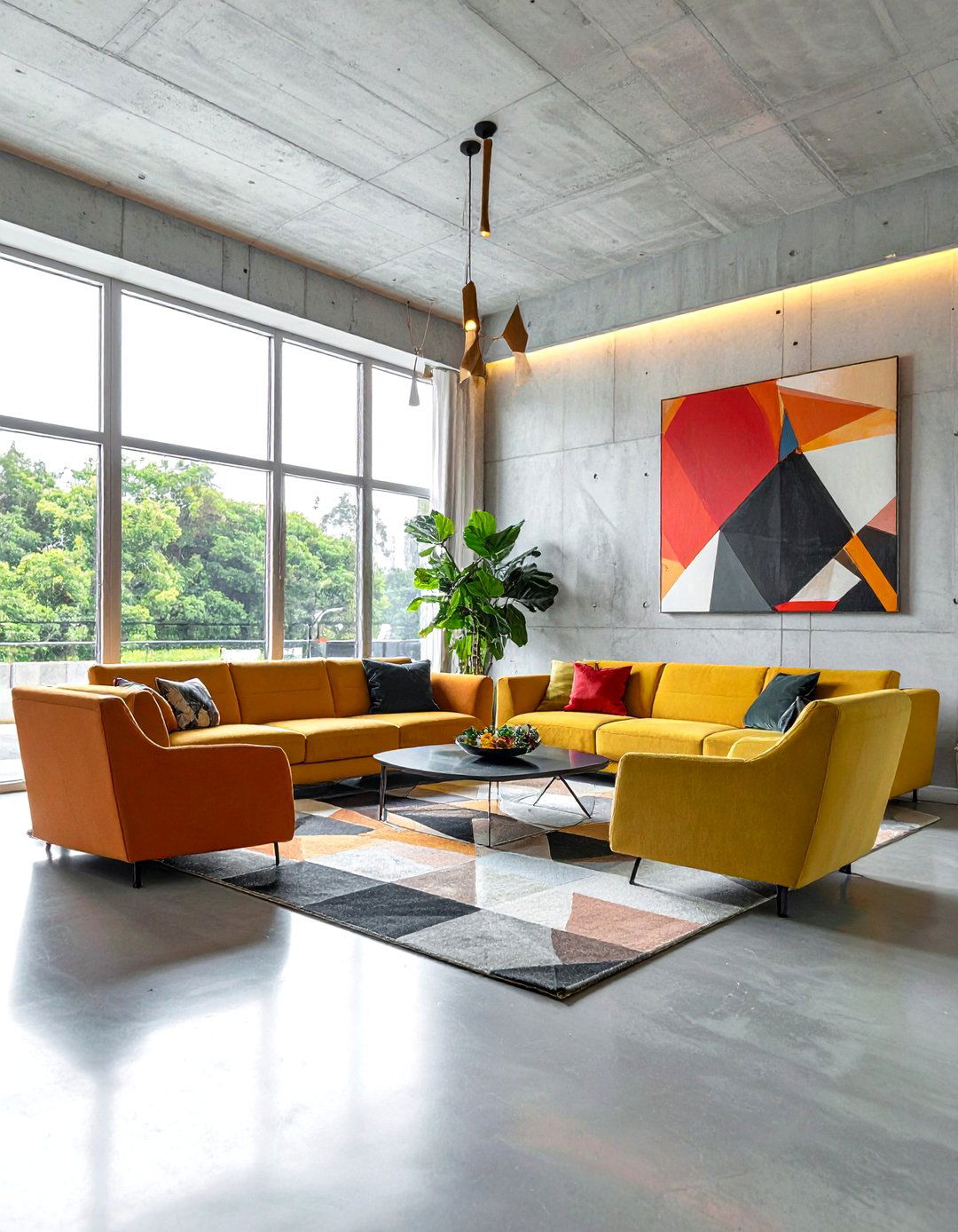 Contemporary Geometric Patterns - 20 Concrete Floor Living Room Ideas for Modern Homes