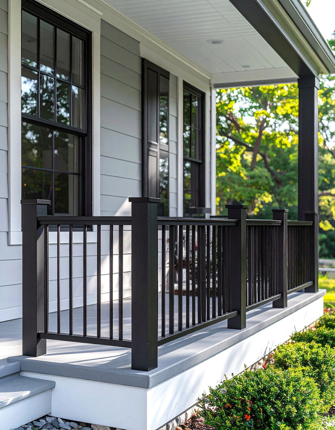 Contrasting Black Porch Railings - 15 Black Porch Ideas to Elevate Your Outdoor Space