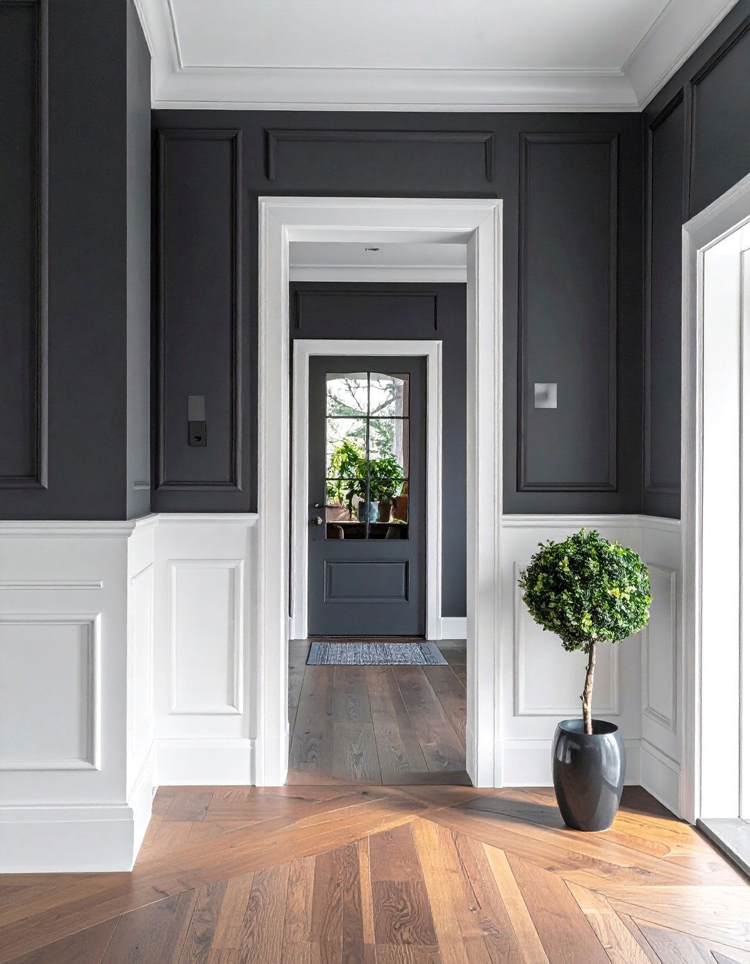Contrasting White Wainscoting on Dark Walls - 25 Wainscoting Entryway Ideas to Elevate Your Home