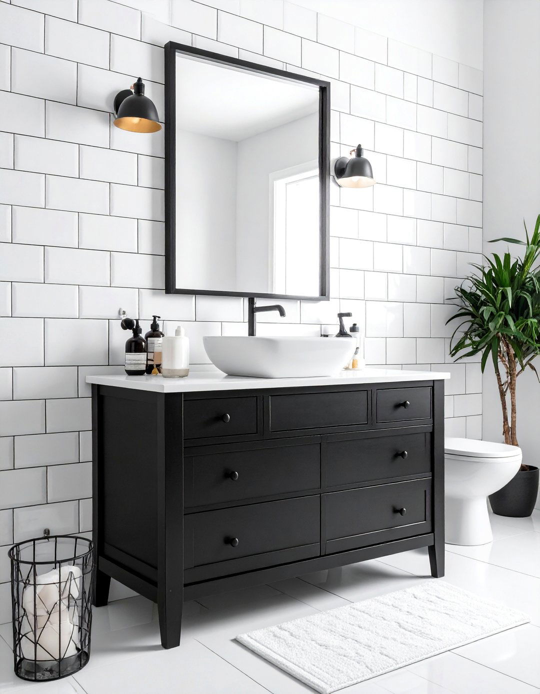 Contrasting a Black Vanity with White Subway Tile - 20 Black Vanity Bathroom Ideas for a Modern Touch