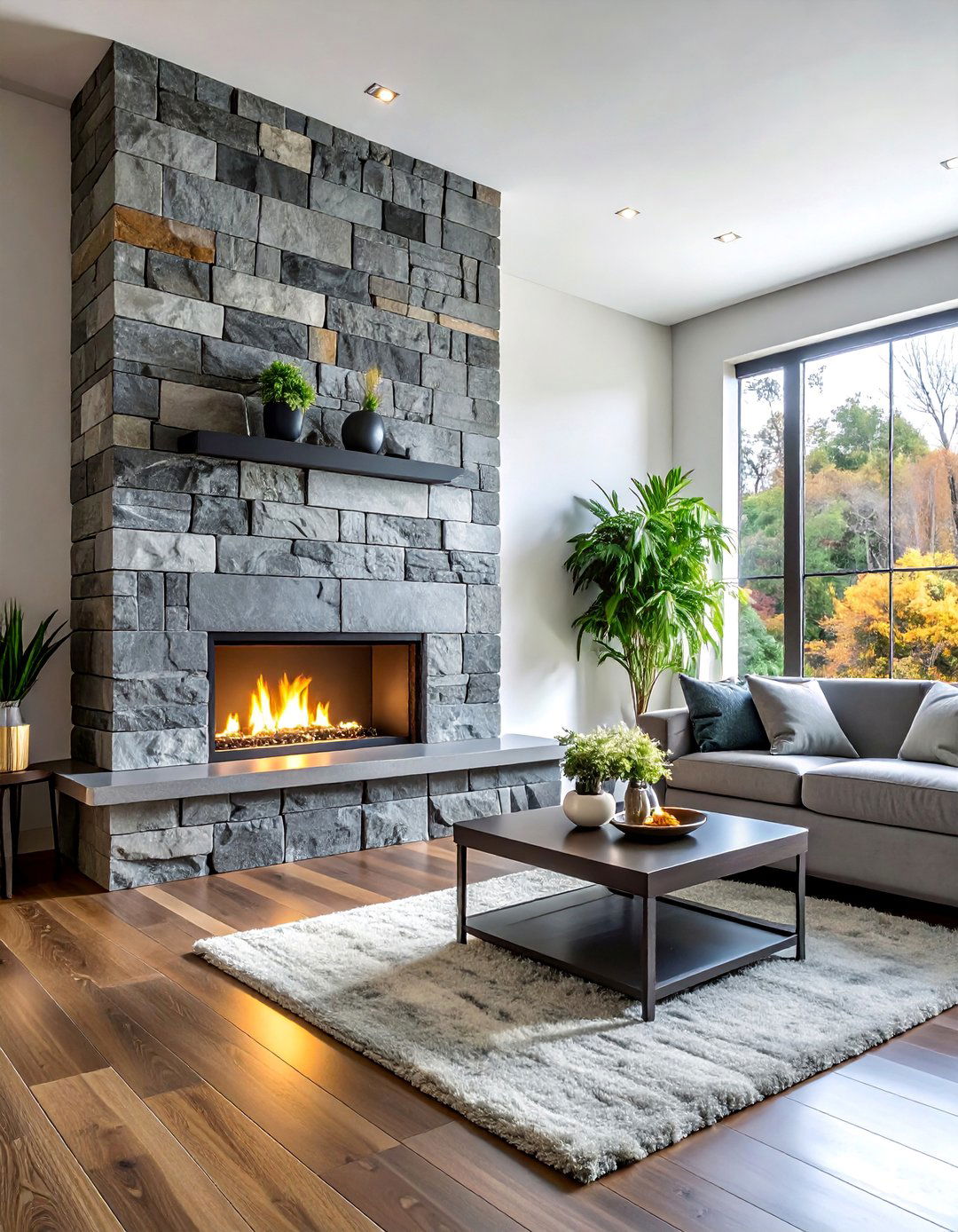 Cool Toned Gray Stacked Stone Fireplace - 25 Stunning Stacked Stone Fireplace Design Ideas