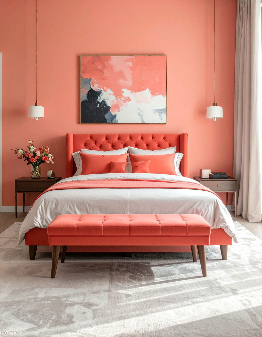 Coral Upholstered Bedroom Bench - 25 Coral Bedroom Ideas for a Fresh and Vibrant Look