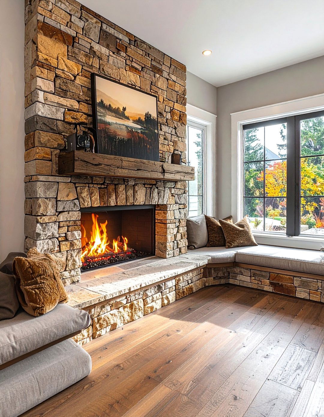 Corner Stacked Stone Fireplace with Built In Seating - 25 Stunning Stacked Stone Fireplace Design Ideas