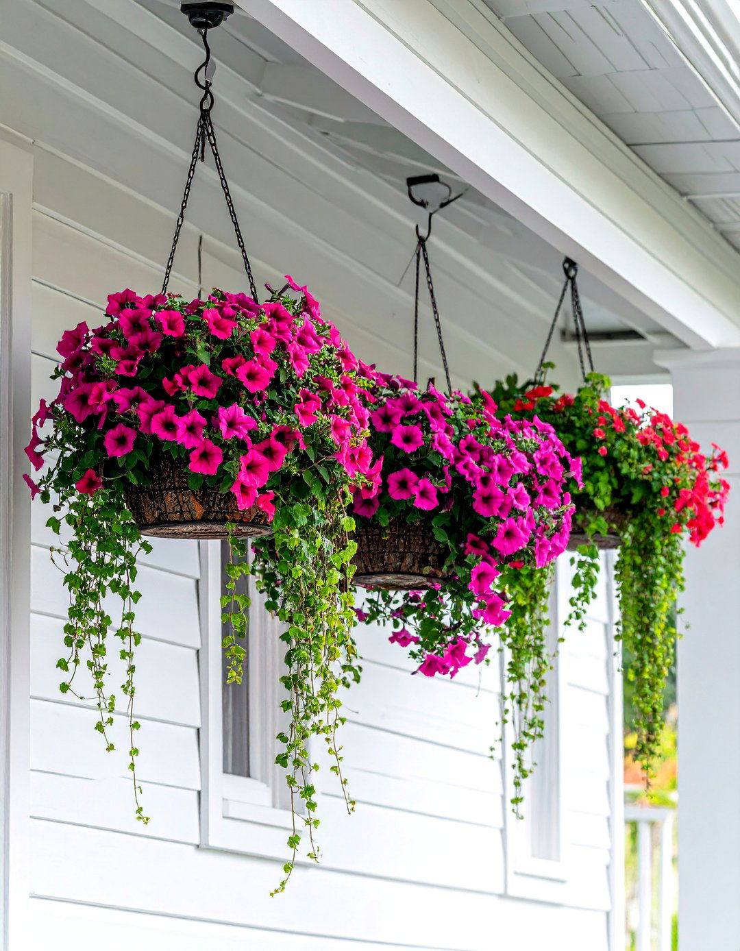 Cottage Front Porch with Abundant Hanging Flower Baskets - 15 Creative Cottage Front Porch Ideas for Cozy Homes