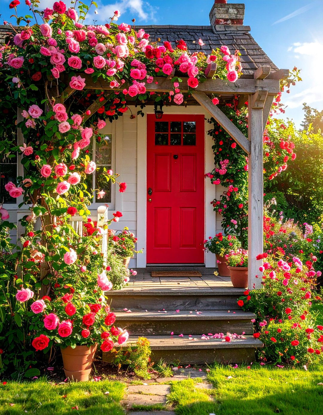 Cottage Front Porch with Climbing Rose Trellis - 15 Creative Cottage Front Porch Ideas for Cozy Homes
