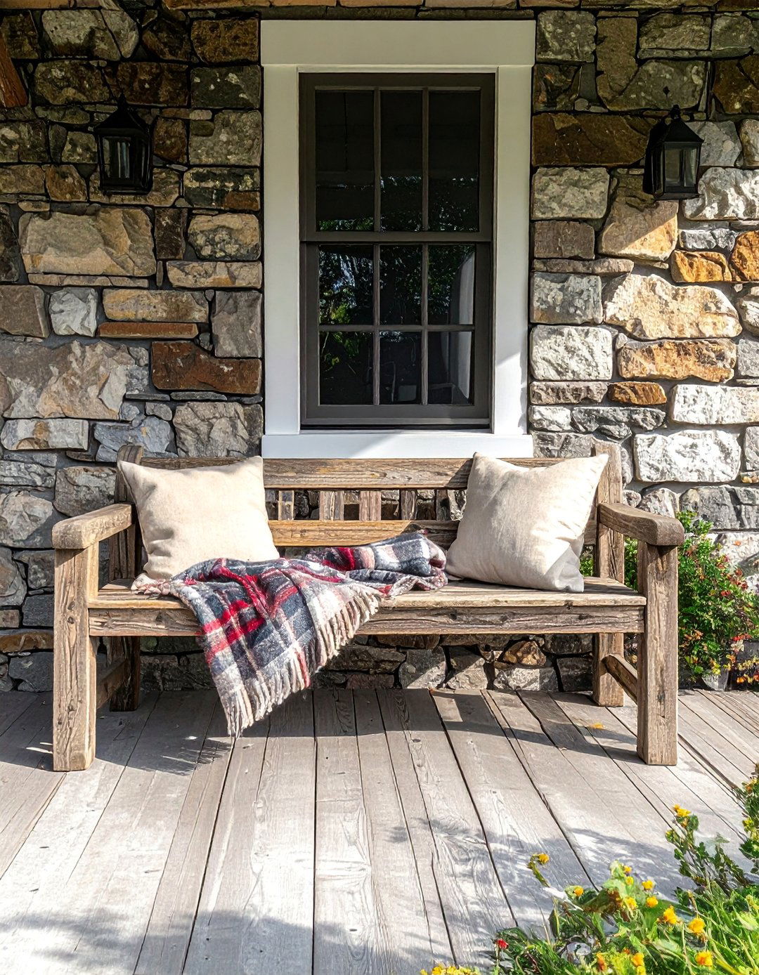 Cottage Front Porch with a Rustic Wooden Bench - 15 Creative Cottage Front Porch Ideas for Cozy Homes