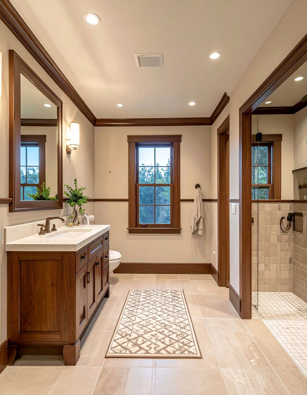 Craftsman Bathroom with Dark Wood Trim and Moldings - 30 Craftsman Bathroom Ideas for a Classic Design