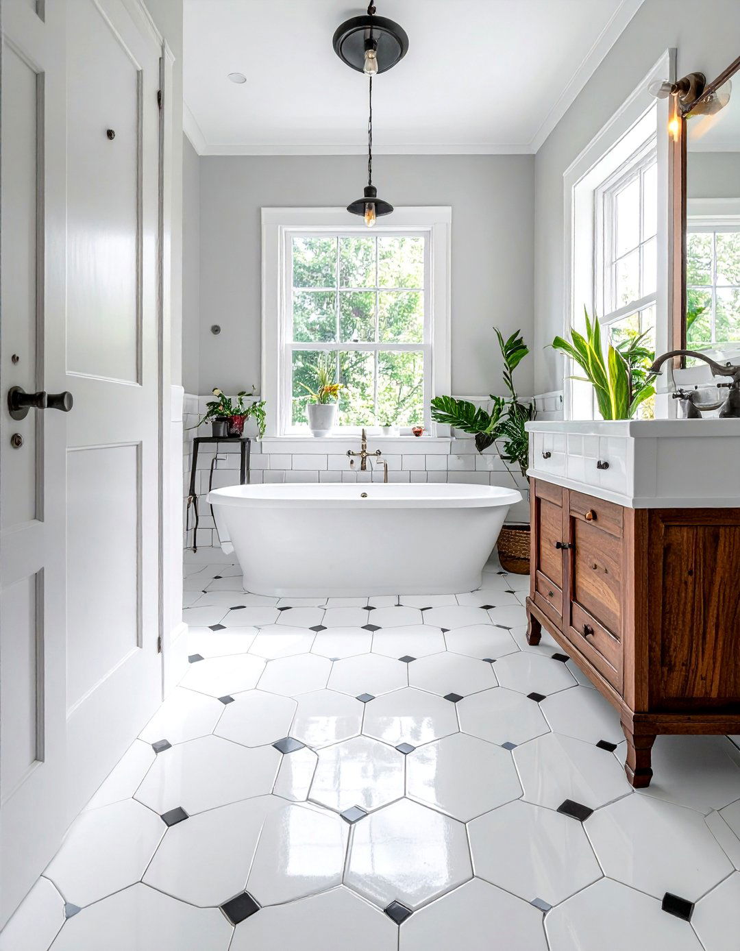Craftsman Bathroom with Hexagonal Floor Tiles - 30 Craftsman Bathroom Ideas for a Classic Design
