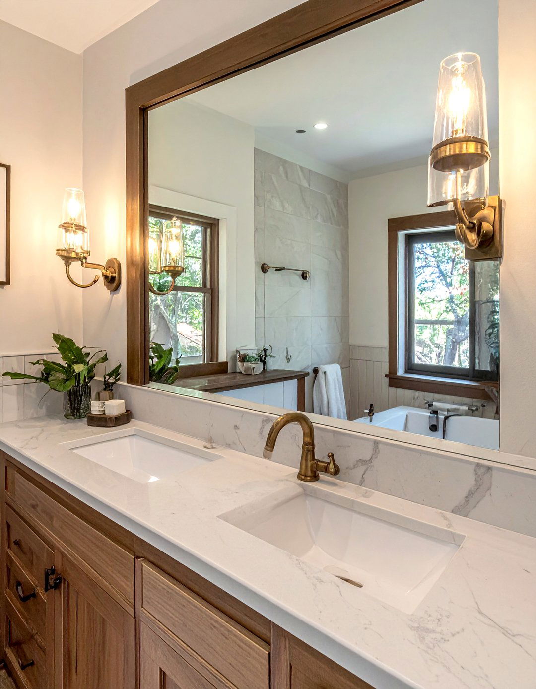 Craftsman Bathroom with Sconce Lighting on Either Side of the Mirror - 30 Craftsman Bathroom Ideas for a Classic Design