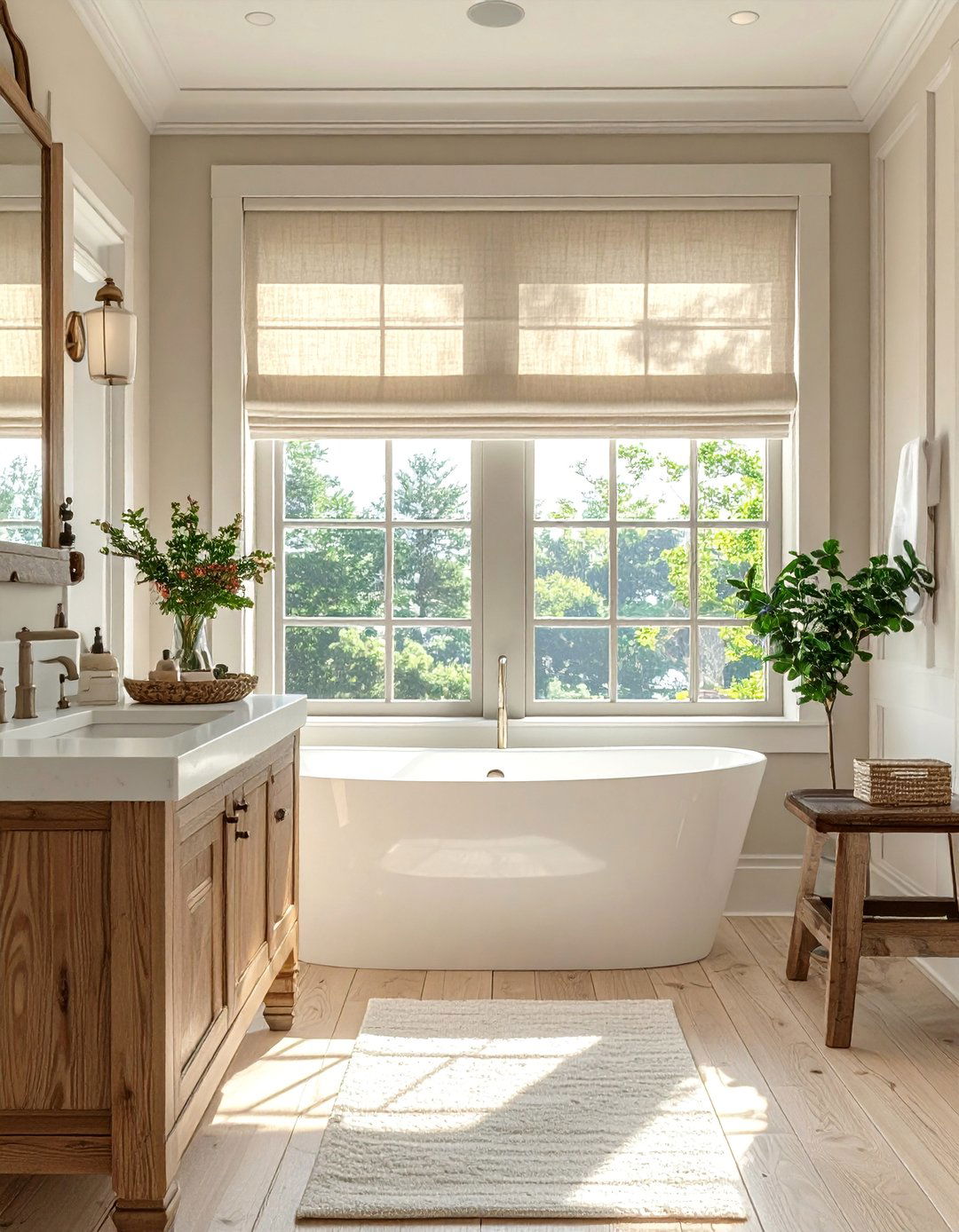 Craftsman Bathroom with Simple Linen Roman Shades - 30 Craftsman Bathroom Ideas for a Classic Design
