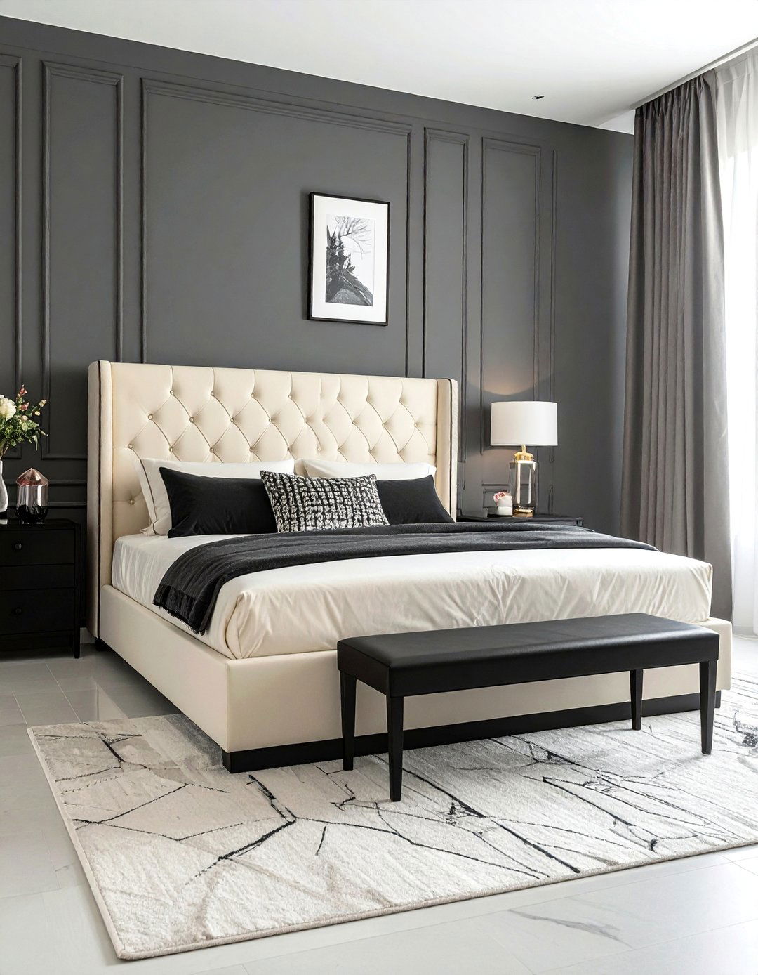 Cream Bed with a Black Accent Bench - 35 Cream and Black Bedroom Ideas for Elegant Style