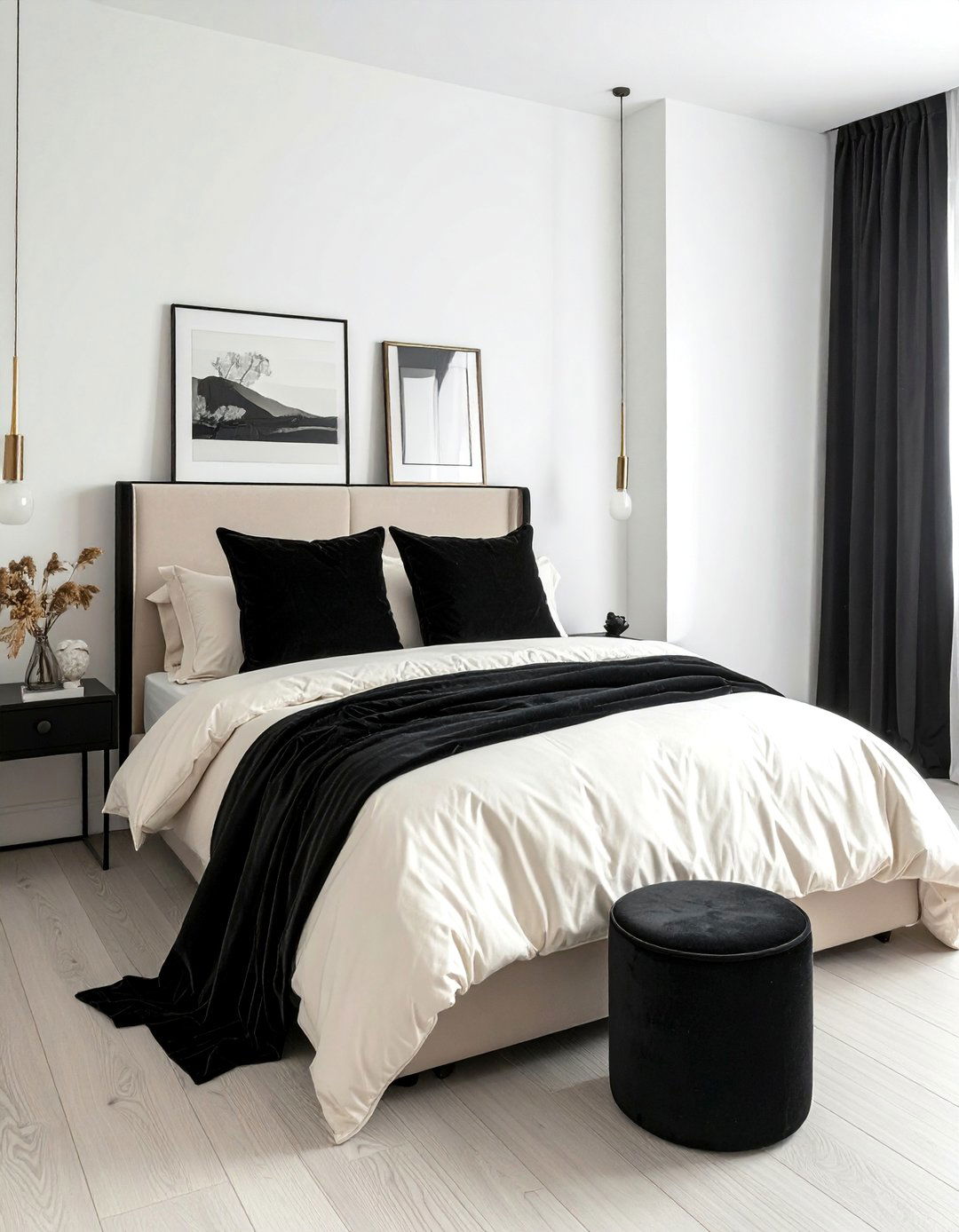 Cream Bedding with Black Throw Pillows - 35 Cream and Black Bedroom Ideas for Elegant Style