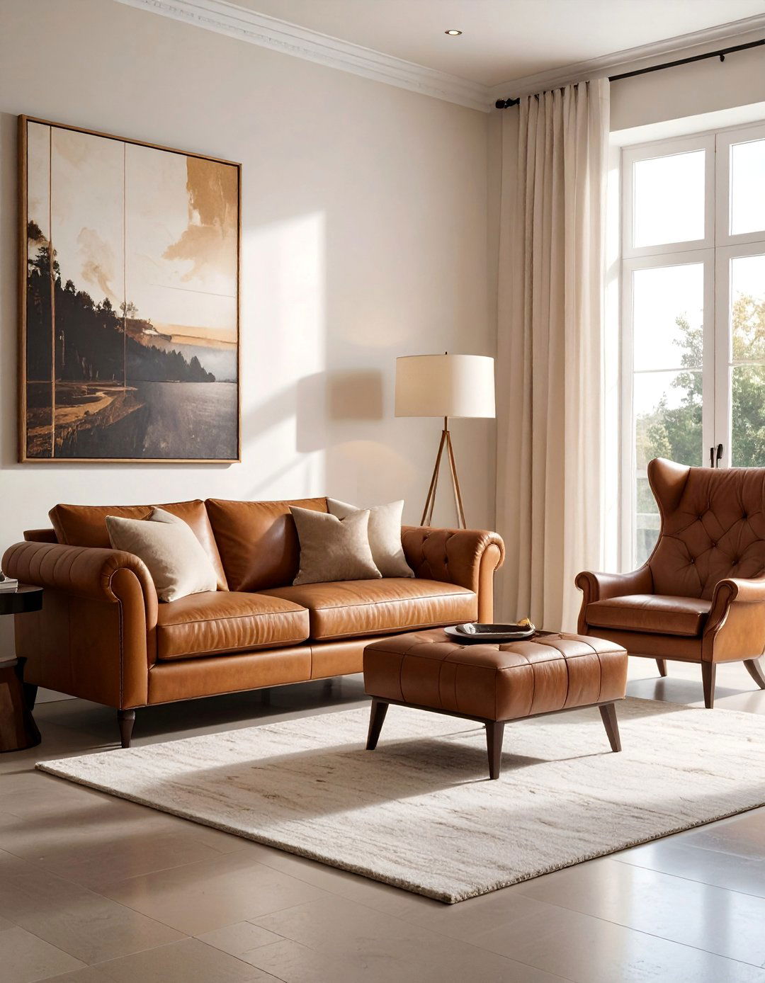 Cream Couch Living Room with Leather Accents