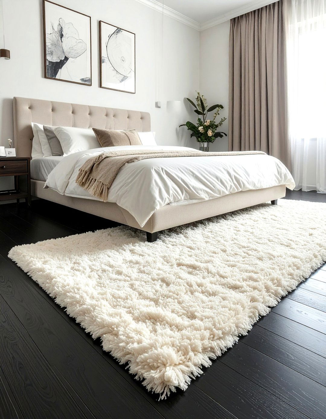 Cream Shag Rug on Black Flooring - 35 Cream and Black Bedroom Ideas for Elegant Style