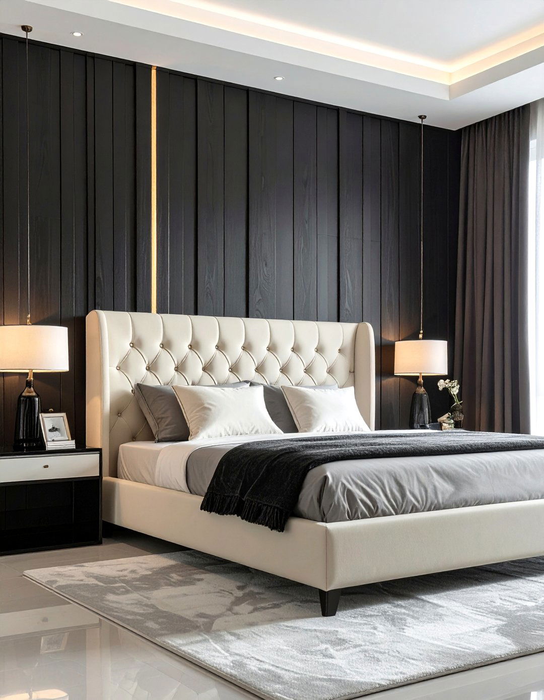 Cream Upholstered Headboard with Black Wall Paneling - 35 Cream and Black Bedroom Ideas for Elegant Style