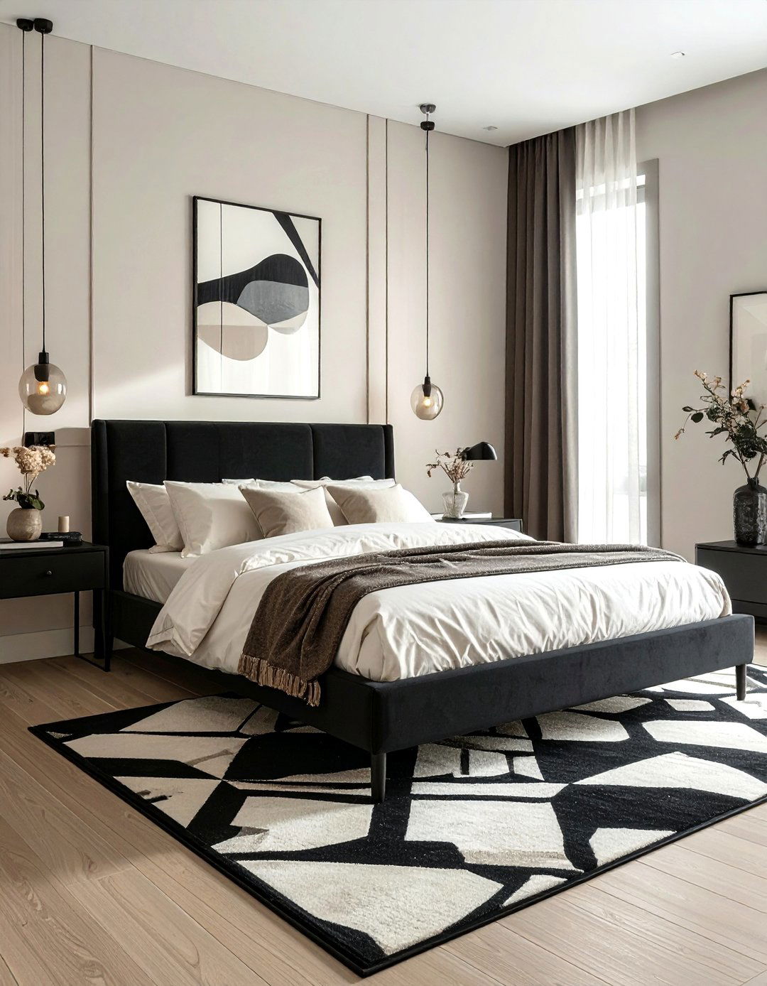 Cream and Black Bedroom with Geometric Patterns - 35 Cream and Black Bedroom Ideas for Elegant Style