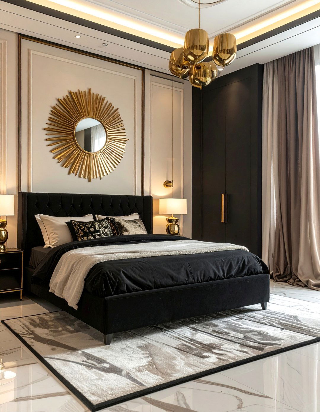 Cream and Black Bedroom with Gold Accents - 35 Cream and Black Bedroom Ideas for Elegant Style