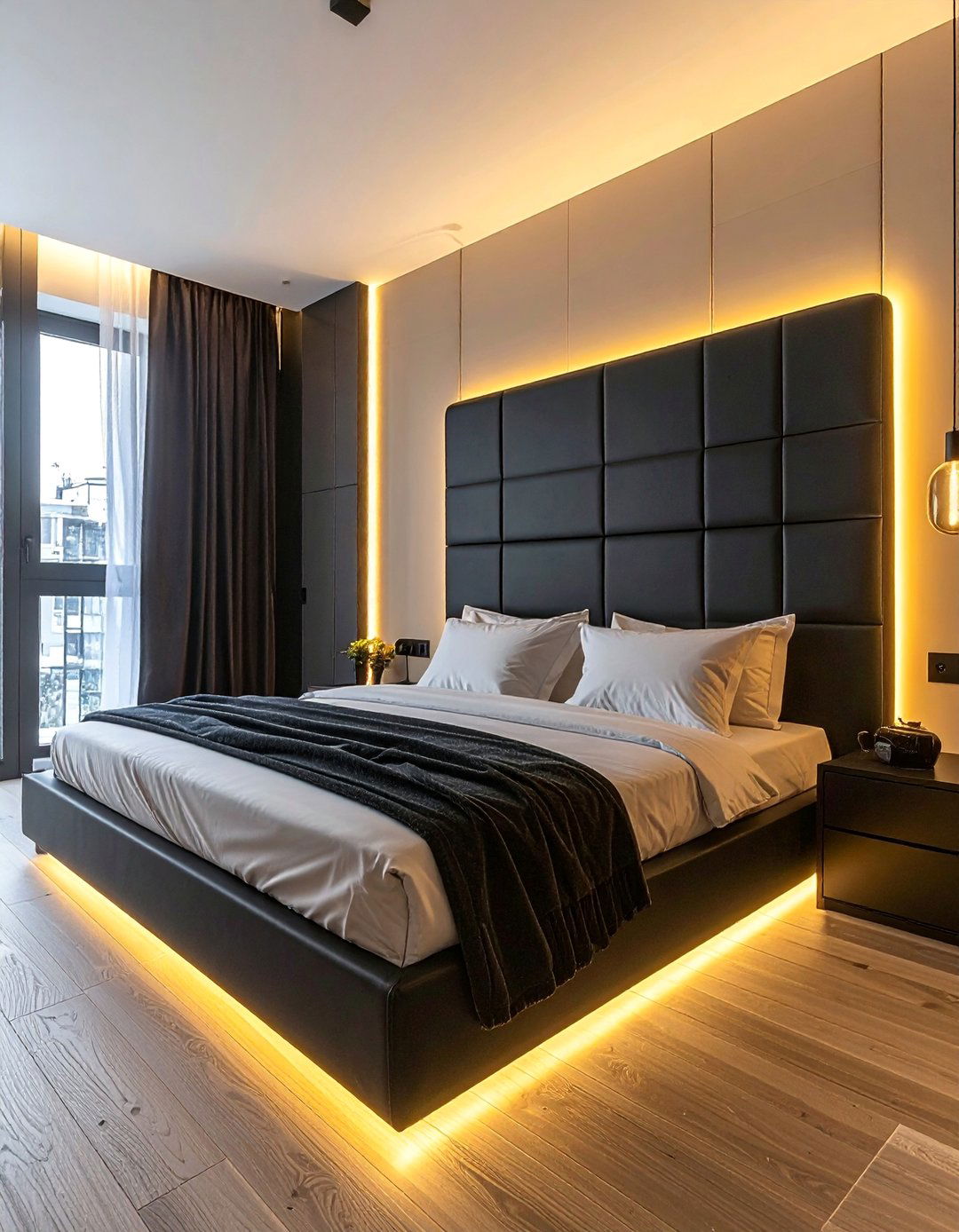 Cream and Black Bedroom with Integrated Lighting - 35 Cream and Black Bedroom Ideas for Elegant Style