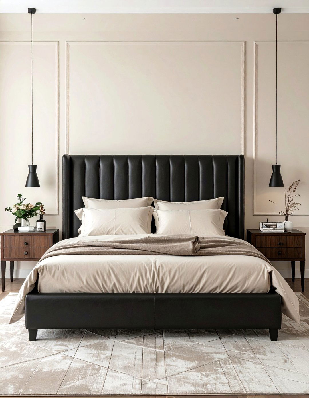 Cream and Black Bedroom with Leather Details - 35 Cream and Black Bedroom Ideas for Elegant Style